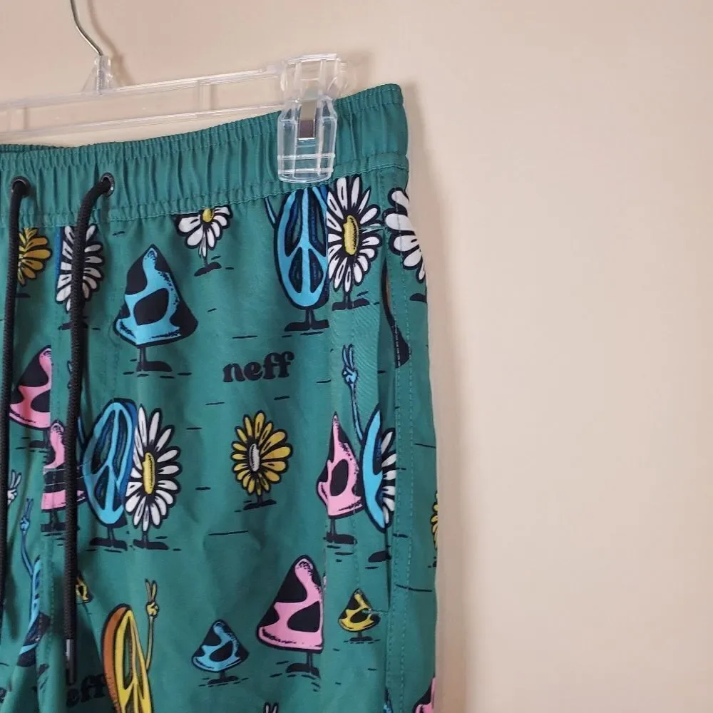 Neff Green Peace Mushroom Print Swim Trunks Size medium